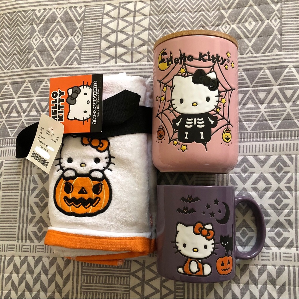 NWT (3) Hello Kitty Halloween Bundle of 3 - Canister, Mug, Hand Towels